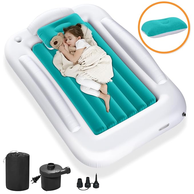 Inflatable Toddler Travel Bed - Portable Toddler Kids Travel Bed with Safety Sides Complete Kids Air Mattress Set with High-Speed Pump, Ideal for Vacation Camping and Sleepover (60 Inches)