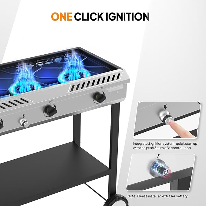 Bonnlo 3 Burner Propane Stove with Inginition, 225000BTU Gas Stove with Storage Shelf and Portable Rolling Wheels, Gas Burner for Outdoor Camping Patio Backyard Cooking Boiling Frying Stewing