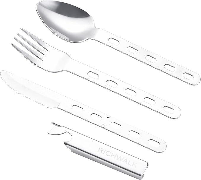 4-in-1 Camping Spoon Fork Knife Combos Set of 4 - Portable Stainless Steel Flatware Spoon Fork kit - forks Knife & Bottle Opener Combo Pack for Picnic Hiking Travel