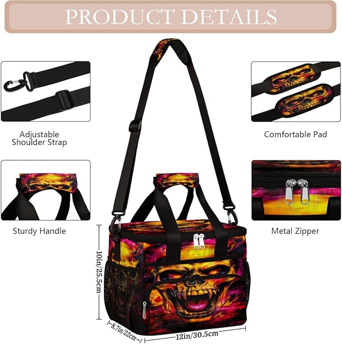 Gothic Skull Flame Soft Cooler Bag Insulated Lunch Box for Men & Women, Large Leakproof Lunch Bag Portable Beach Cooler for Work, Picnic, Road Trips,Fishing, Travel, Camping,A-9