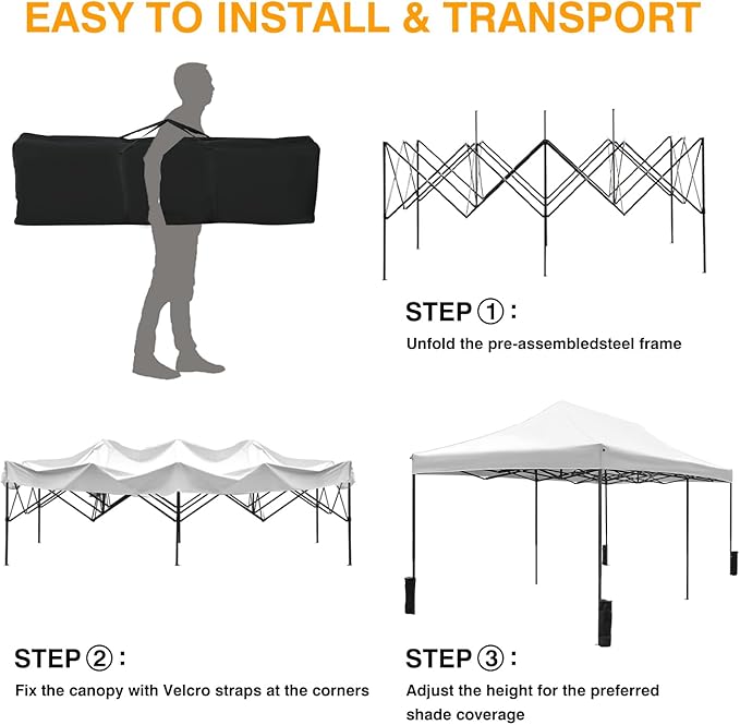 10x20fT Pop-Up Canopy Tent – Adjustable Height Outdoor Gazebo, Quick Setup with Sandbags, Ground Stakes & Ropes, Perfect for Outdoor Activities, White