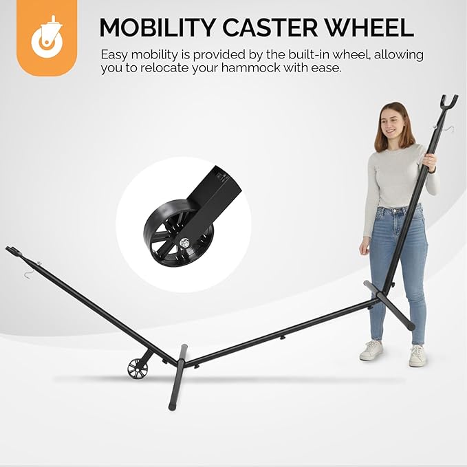 ONCLOUD 9 FT Hammock Stand Only, Heavy Duty Adjustable Indoor Outdoor Space Saving Steel Stand with Carrying Case, Universal Hammock Stand with 450 Pounds Capacity for Garden (Black w/Wheel)