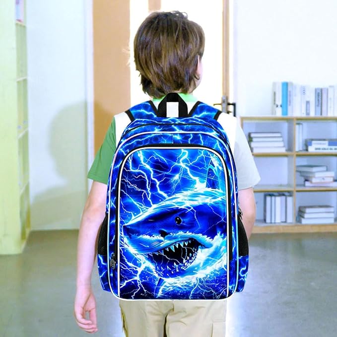 17" Shrak Backpack for Boy, 3Pcs Lightning Bookbag for Elementary Preschool Kindergarten, Kids School Thunder Backpacks with Lunch Box (Blue)