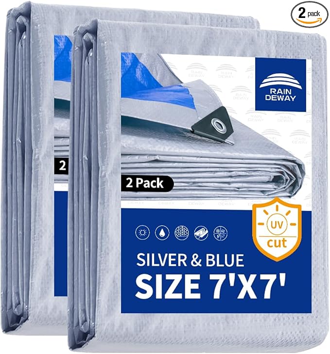 RAINDEWAY Tarps 7x7 Feet (2 Pack) - 5.5 Mil, Multipurpose Waterproof Poly Tarp Cover with Metal Grommets and Reinforced Edges, Silver/Blue Tarp