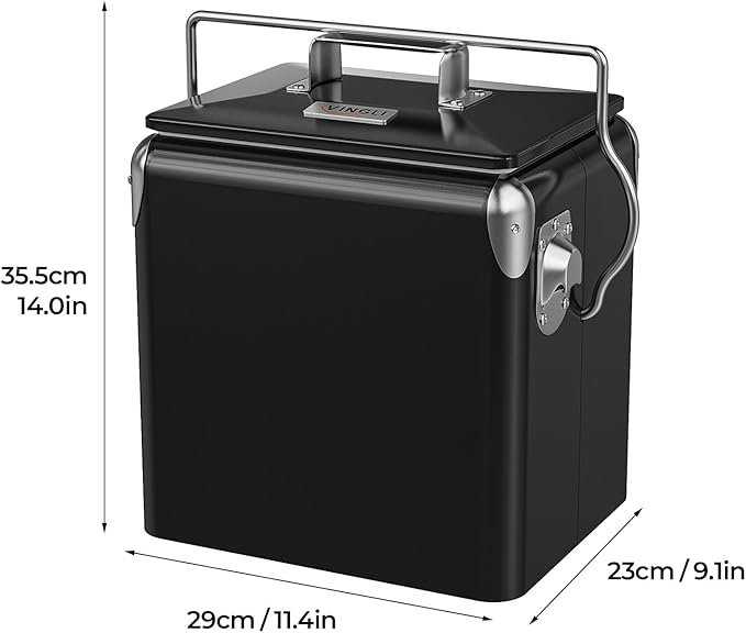 VINGLI 14qt Small Insulated Portable Cooler, Retro Vintage Classic Style Hard Metal Cooler for Barbeques, Camping, Fishing and Picnics