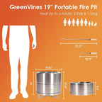 GREENVINES Smokeless-Firepit | 19-Inch | Stainless-Steel-Fire-Pit | Portable Outdoor Pits with Stand for Camping | Solo Wood Burning Bonfire | Low Smoke Stove | Bag & Sticks & Holders
