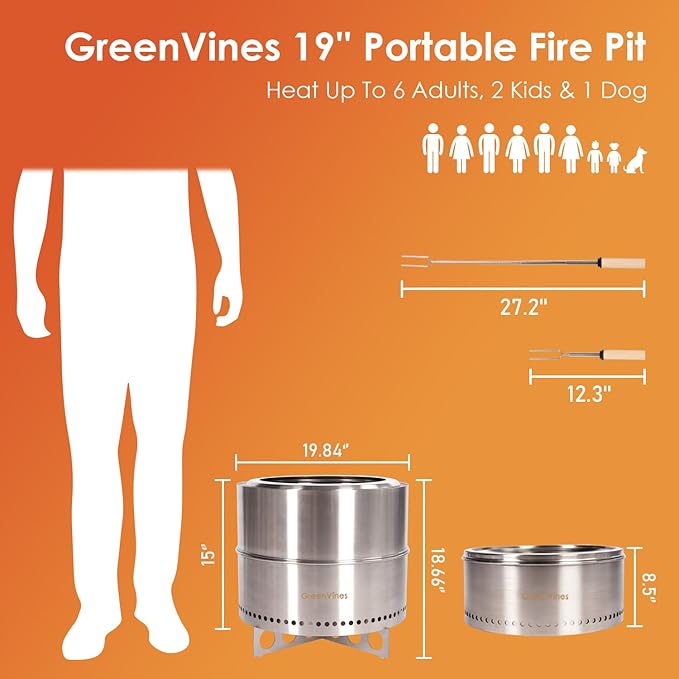 GreenVines Smokeless-Fire-Pit | 19-Inch | 304 Stainless-Steel-Firepit | Portable Outdoor Pits with Stand for Camping | Bag & Sticks & Holders | Solo Wood Burning Bonfire | Low Smoke Stove