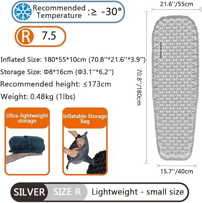 Inflatable Sleeping Mattress R-Value 5.8/7.5 Withstands -20°C/-30°C Lightweight 415-620g 7–10 cm Thickness Insulated Warmth Moisture Barrier Camping Folding Pad Backpacking Travel
