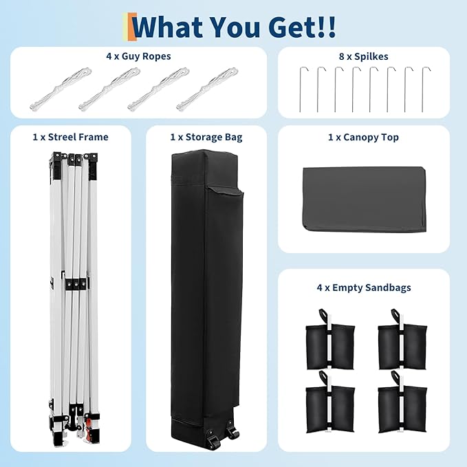 GarveeLife 10x10 Pop Up Canopy with One Button Push Setup - Heavy Duty Outdoor Canopy Tent with Portable Roller Bag - 3 Adjustable Height, 4 Weight Bags, 8 Stakes & 4 Guy Ropes Included, Grey
