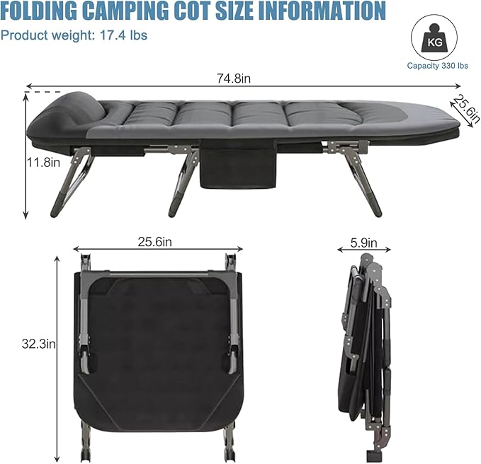 Folding Camping Cot for Adults with Adjustable Backrest & Pillow, Portable Lounge Chair Bed, 6-Position Recliner, Waterproof Outdoor Cot Supports 450lbs, Includes Side Pocket (Gray)