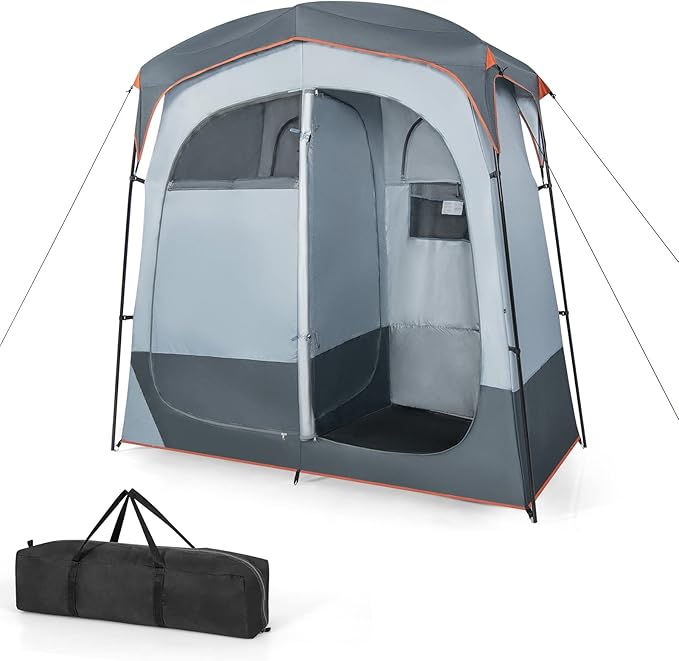 Tangkula Double Room Shower Tent, Oversize Space Privacy Tent with Floor, Removable Rain Fly, Inside Pocket, Clothesline, Top Hook, Portable Outdoor Changing Tent for Dressing, Camping, Toilet