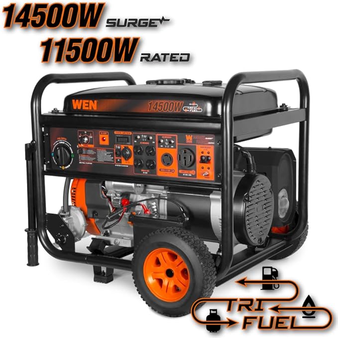 WEN 14500-Watt 120V/240V Tri-Fuel Generator, Transfer-Switch Ready with Electric Start and Wheel Kit (TF1450)