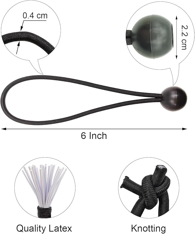 Ball Bungee Cords 100 Pcs, 6 Inch Bungee Cords with Balls, Small Bungee Cords Heavy Duty Outdoor, Bungee Balls for Tarp Tie Down Tarp Camping Tents (Black)