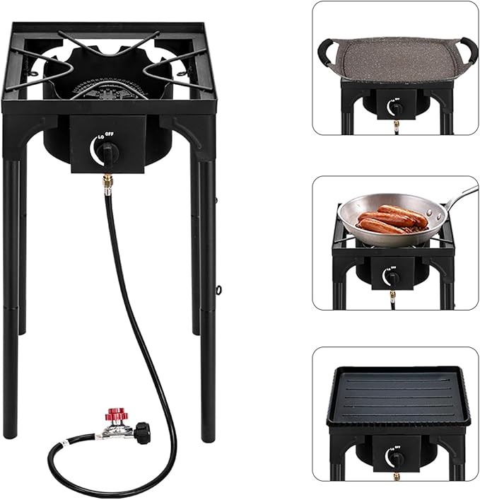 Outdoor Camp Stove High Pressure Propane Gas Cooker Portable Cast Iron Patio Cooking Burner with Removable Legs, Adjustable Heat Dial for Backyard BBQ, Baking and Stir Frying(Single Burner 75000-BTU)