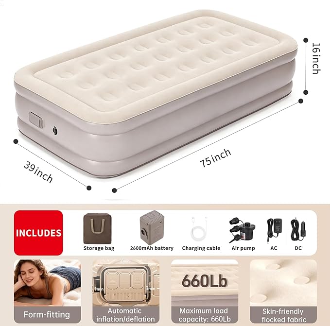 Air Mattress Twin with Built-in Battery Powered Removable Pump, Blow Up Mattress with Pillow, Strong Support All Night,No Lost Air, Compact Inflatable Air Bed for Home Guests Camping