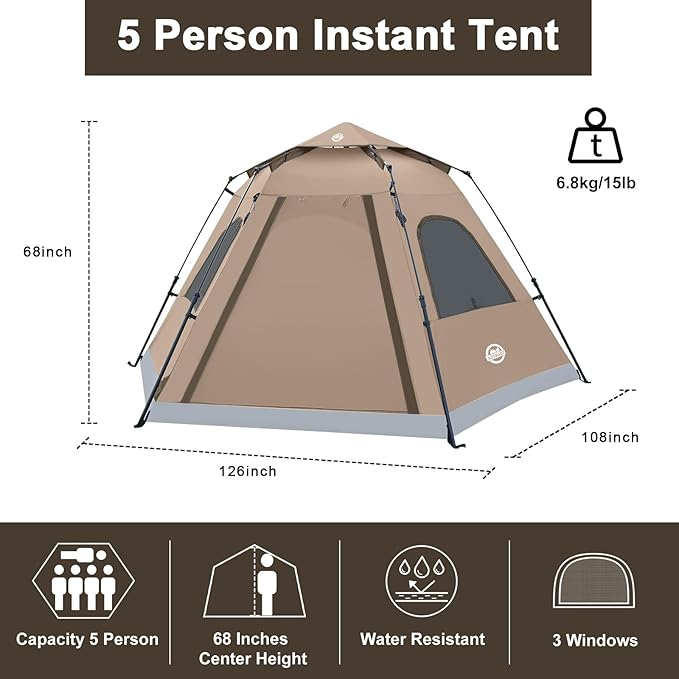ADSMART Instant Tents for Camping 2/3/4/5 Person Tent Waterproof Easy Setup Sets Up Backpacking Tents with Carry Bag for Outdoor Hiking