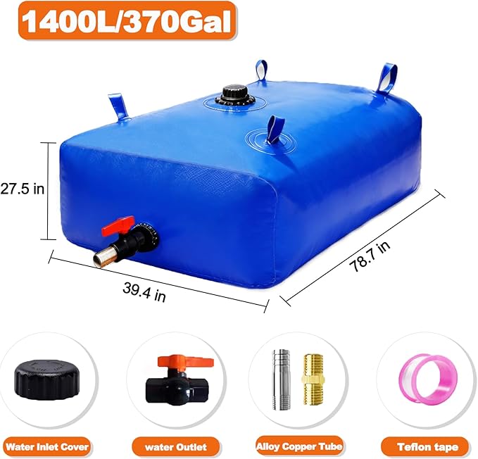 1400 L/370 Gal Water Bladder Tank, Foldable Portable Water Storage Container, Emergency Water Bag for RV, Truck Bed, Fire Prevention, Drought Resistance, Blue