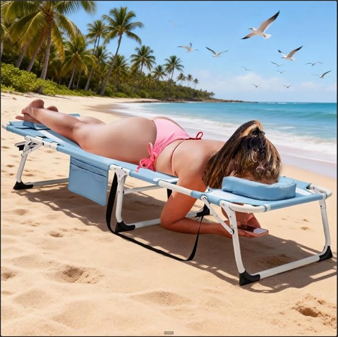 DoCred Heavy Duty XXL Tanning Chair with Face Hole&Mat, Oversized 5-Position Folding Chaise Lounge Chairs for Outside, Portable Beach Lounge Chair for Outdoor Sunbathing Beach Pool Lawn Camping