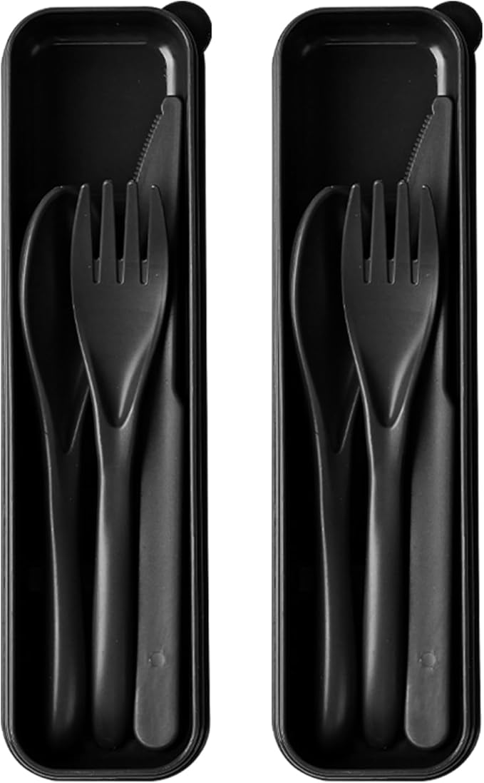 Travel Utensils with Case, 2 Sets Reusable Utensils Set with Case, Wheat Straw Utensils for Lunch Box Accessories, Camping Utensil Set for School Work Lunch or Daily Use（Black）