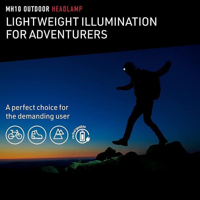 Ledlenser MH10 Rechargeable Headlamp - Black, 600 Lumens - High Weight-to-Lumen Ratio LED Headlamp - 120-Hour Runtime Rechargeable Headlight - Integrated Red Rear Visibility Hard Hat Light