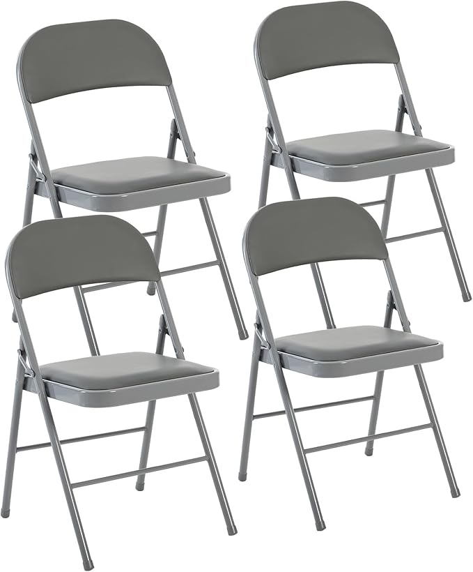 DUMOS 4 Pack Folding Chairs with Padded Cushion and Back - PU Leather Stackable Portable Dining Chiars Set, for Home and Office, Conference, Wedding, Party, Patio, Garden, for Indoor Outdoor, Grey