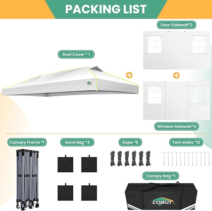 COBIZI 10x20 Pop Up Canopy Tent, Outdoor Party Tent with 6 Sidewall One Push Setup Glow, 3 Adjustable Height Air Vent Waterproof UPF50+, Bag, 4 Sandbag, 6 Stake, 12 Rope for Beach, Commercial