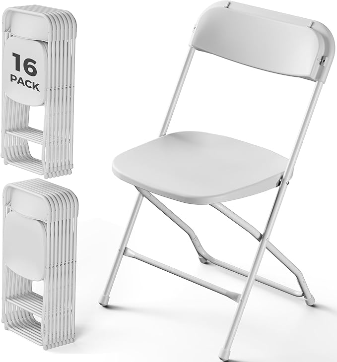 Folding Chairs 16 Pack, Plastic Folding Chairs for Outside, Heavy Duty Foldable Chairs, Sturdy Metal Folding Chairs, 350 lbs Capacity, for Patio, Garden, Camping, White