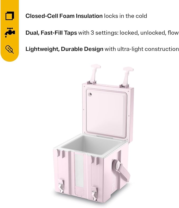 RTIC Halftime Water Cooler 3 Gallon Portable Carrier Container, Drink Beverage Dispenser, Stackable with 2 Taps, Bottleless, BPA-Free, for Sports, Camping, BBQ, Parties, Picnic, Pale Pink