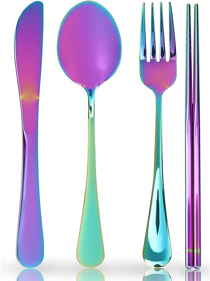 16 Pieces for 4 Persons Chopsticks and Forks Set Silverware Set Kitchen Utensils Set Cutlery Set Flatware Set Dishwasher Safe Mirror Effect for Picnic Camping Barbecue, Colorful