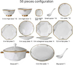 Dinnerware Set Dinner Party Tableware Service Set Ceramics Dinnerware Set with 56 Pieces, Bowl/Dish/Soup Pot/Spoon|Bone China Dinner Sets, Octagonal Fold Design Porcelain Combinati