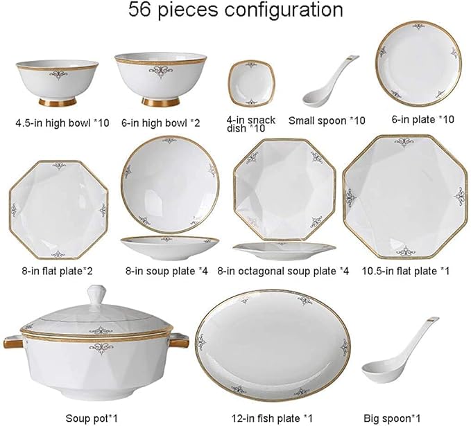 Dinnerware Set Dinner Party Tableware Service Set Ceramics Dinnerware Set with 56 Pieces, Bowl/Dish/Soup Pot/Spoon|Bone China Dinner Sets, Octagonal Fold Design Porcelain Combinati