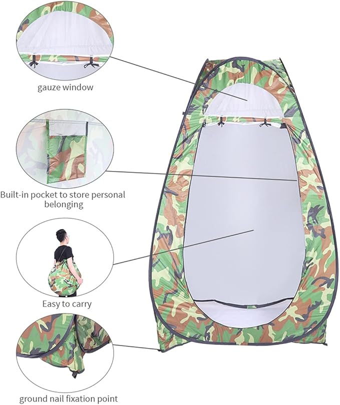 Pop Up Camping Shower Tent, Waterproof Privacy Tent for Portable Toilet, Shower and Changing Room for Outdoors, Rain Shelter with Window & Utility Accessories - Sturdy and Easy Fold (Camouflage)
