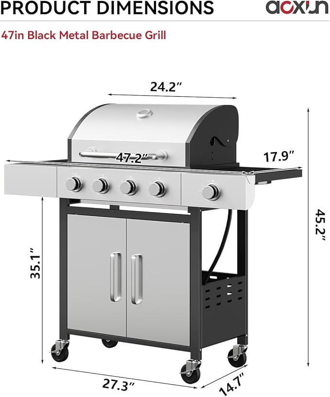 Aoxun 4-Burner Propane Grill with Side Burner, 49000 BTU Gas Grill, Stainless Steel Outdoor Grill with Cast Iron Grates & Side Tables for Backyard, Patio, Camping, Black and Silvery