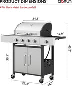 Aoxun 4-Burner Propane Grill with Side Burner, 49000 BTU Gas Grill, Stainless Steel Outdoor Grill with Cast Iron Grates & Side Tables for Backyard, Patio, Camping, Black and Silvery