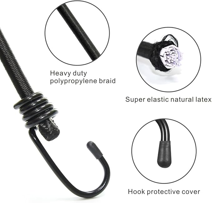 Bungee Cords with Hooks 2m Long, Heavy Duty Outdoor Elastic Bungee Straps, No Odour Industrial Grade Bungee Rope for Securing Tarps, Luggage, Tents, Bikes or Garden Tidying 80inch 4Pcs (Black)