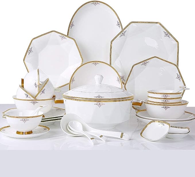 Ceramic Tableware Set with 56 Pieces, Bowl/Soup Pot/Spoon, Bone China Tableware, Octagonal fold Design, Porcelain Combination Set