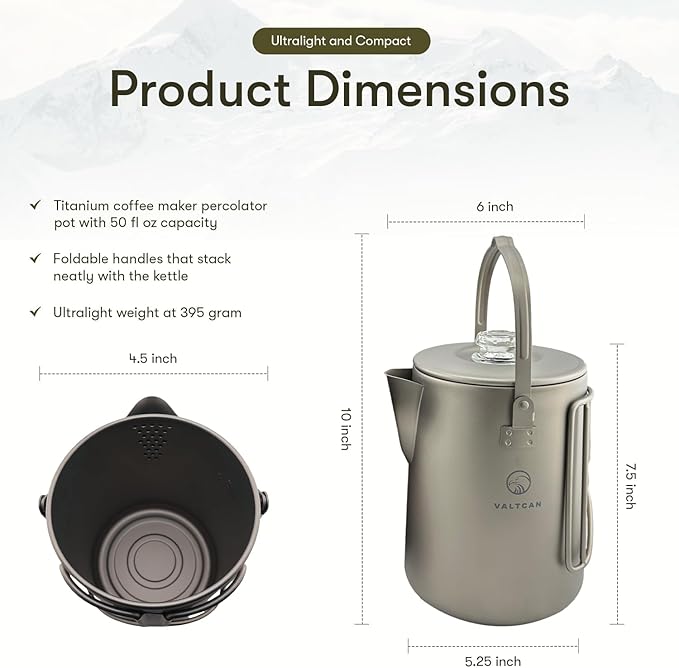 Valtcan Titanium Percolator Coffee Maker World's First Full Titanium, 6-Cup 1.5L, 395g Ultralight, No Metallic Taste, CNC Filter, Glass Brew Viewer, Campfire & Stovetop, Grade 1 Ti, Carry Case