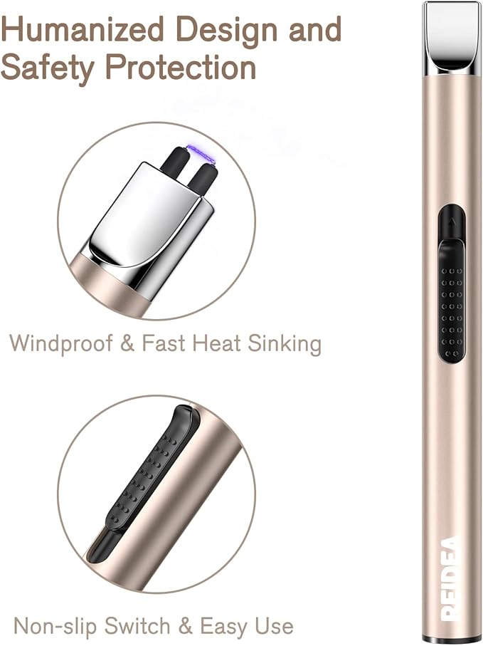 REIDEA Lighter S4 Electric Candle Lighter USB Rechargeable with Safety Switch, Portable Fast Heat Windproof Plasma Lighters, Perfect for Home Cooking BBQ Camping Fireworks (Champagne Gold + Black)