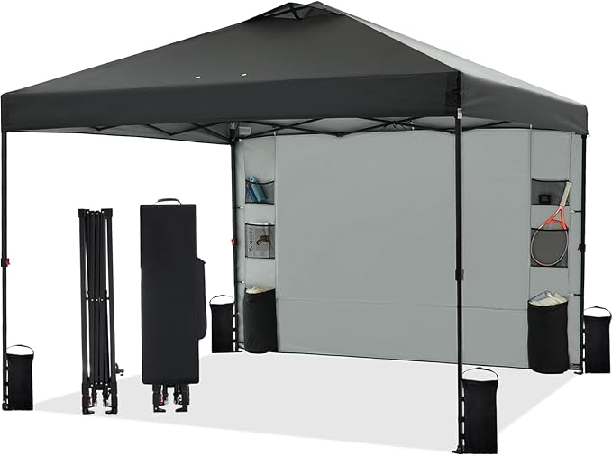 12'x12' Pop Up Canopy Tent with 1 Sidewall and 6 Pockets, One Push Setup, Instant Shade Tent with Vented Roof for Beach Patio Outdoor, Case, 8 Stakes, 4 Ropes, 4 Sandbags (Black, 12x12)