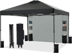 12'x12' Pop Up Canopy Tent with 1 Sidewall and 6 Pockets, One Push Setup, Instant Shade Tent with Vented Roof for Beach Patio Outdoor, Case, 8 Stakes, 4 Ropes, 4 Sandbags (Black, 12x12)