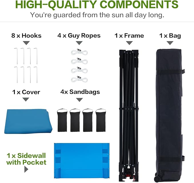 10'x10' Pop Up Canopy Tent with 1 Sidewall and 6 Pockets, One Push Setup, Instant Shade Tent with Vented Roof for Beach Patio Outdoor, Case, 8 Stakes, 4 Ropes, 4 Sandbags (Blue, 10x10)
