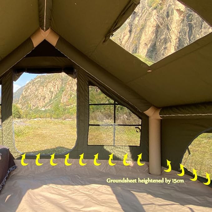 Large Luxury Inflatable Camping Tent Cotton Canvas Tent, Breathable and Waterproof Air Tent with Skylight and Stove Jack Hole for for 4-6-8-10 Person Family Camping