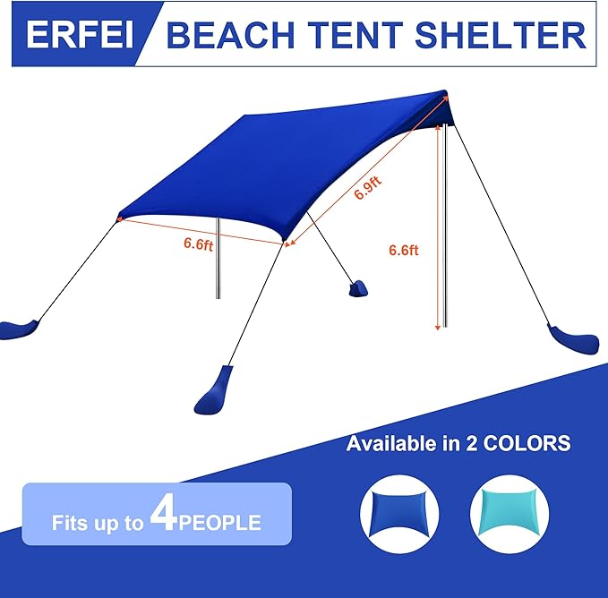 Beach Tent Sun Shelter UPF50+ with Sandbags, Sand Shovel & Windproof Poles - Portable Pop Up Canopy for Beach, Camping, Picnics, Backyard & Fishing (Royal Blue,6.9x6.5FT)