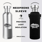 Tactiko Survival 25 oz/750 ml Stainless Steel Wide Mouth Water Bottle, Single Wall Boil-Safe, Leakproof, BPA-Free with Carry Sleeve and Strap for Camping, Hiking, Outdoor Prep (Black)