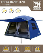 Three Bears 6-Person Tent, 3000mm Waterproof Double-Layer Tent with Room Dividers, Family Tent with Color-Coded Connection Buckles, Front and Rear Vestibules Can Be Set Up as Sunshade Canopies
