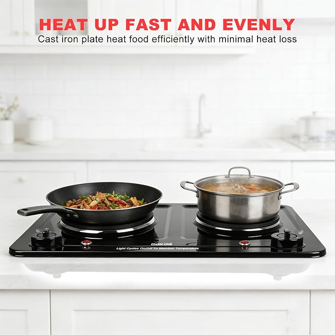 Double Burner Electric Hot Plate, 1800W Cast Iron Heating with Adjustable Temperature Control, Stainless Steel Body for Home, Dorm & Commercial Use