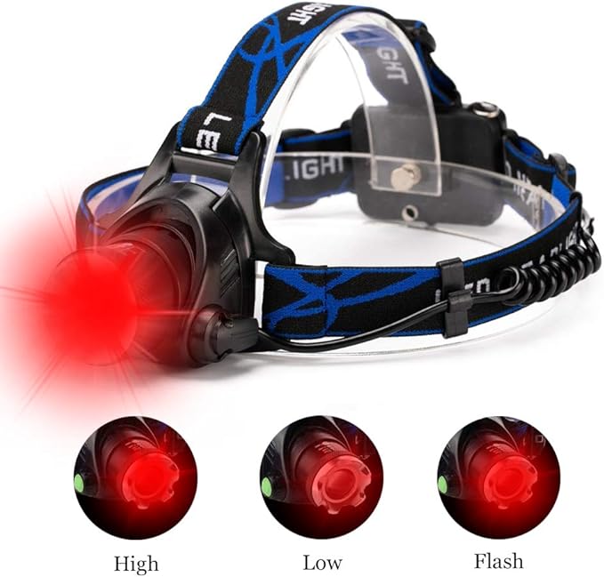 Hunting Red Light Headlamp Zoomable LED Headlight with 3 Lighting Mode and Water Resistant for Running Camping Hiking Reading.
