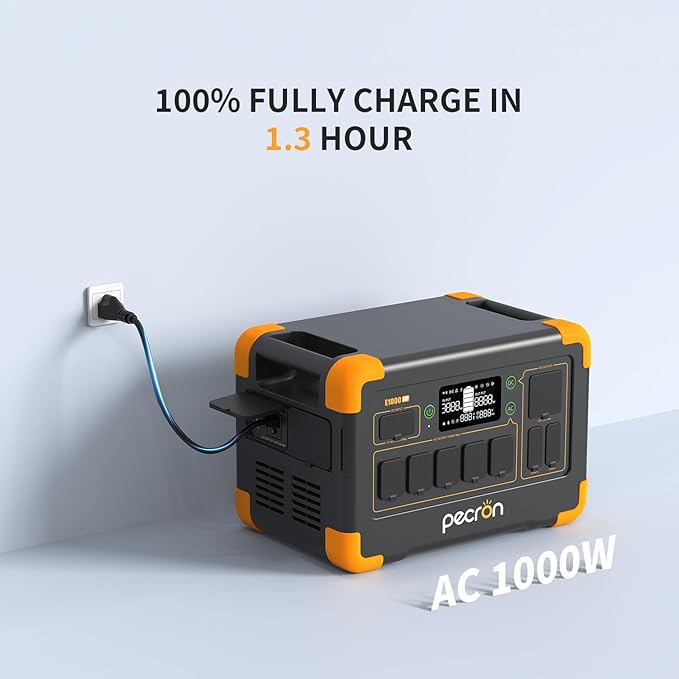 pecron Portable Power Station E1000LFP, 1024Wh LiFePO4 Battery Backup, 1800W AC/100W USB-C Output, Fast Charging Solar Generator for Home Use, Camping, RV, Emergencies