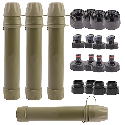 4 Pack Survival Water Filter Straw for Hiking & Camping, 2025 Personal Portable Water Purifier, 3000L Long Life, Includes Bottle & Hydration Bladder Adapters (4, Dune Brown, 3x3x19.3cm)