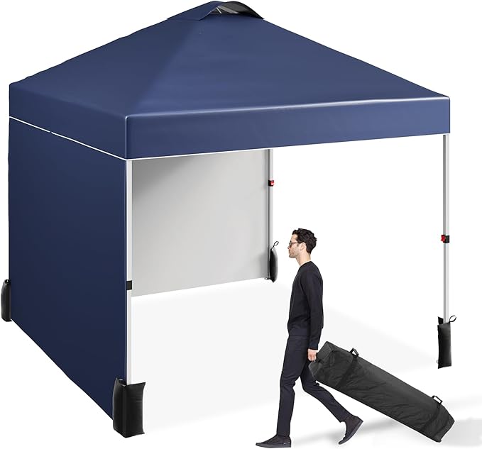 10 x 10 Pop Up Canopy, All Season Instant Canopy with 2 Sidewalls and Vented Roof, Portable Party Tent with Wheeled Carry Bag and Sandbag for Camping, Picnic, Party, Navy Blue